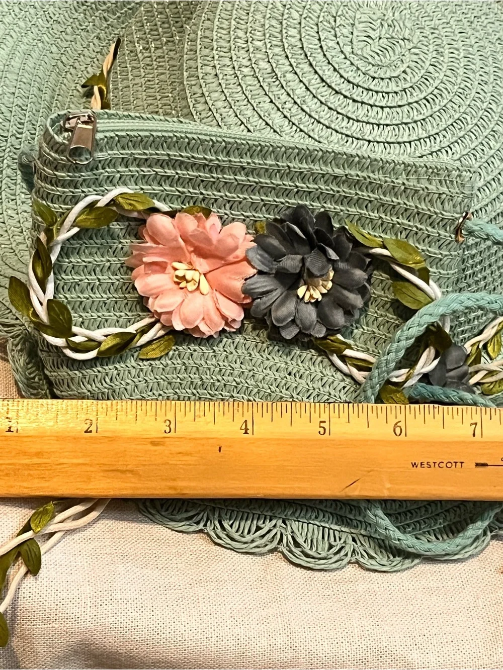 Girls Mint Floral Straw Sun Hat and Matching Crossbody Bag